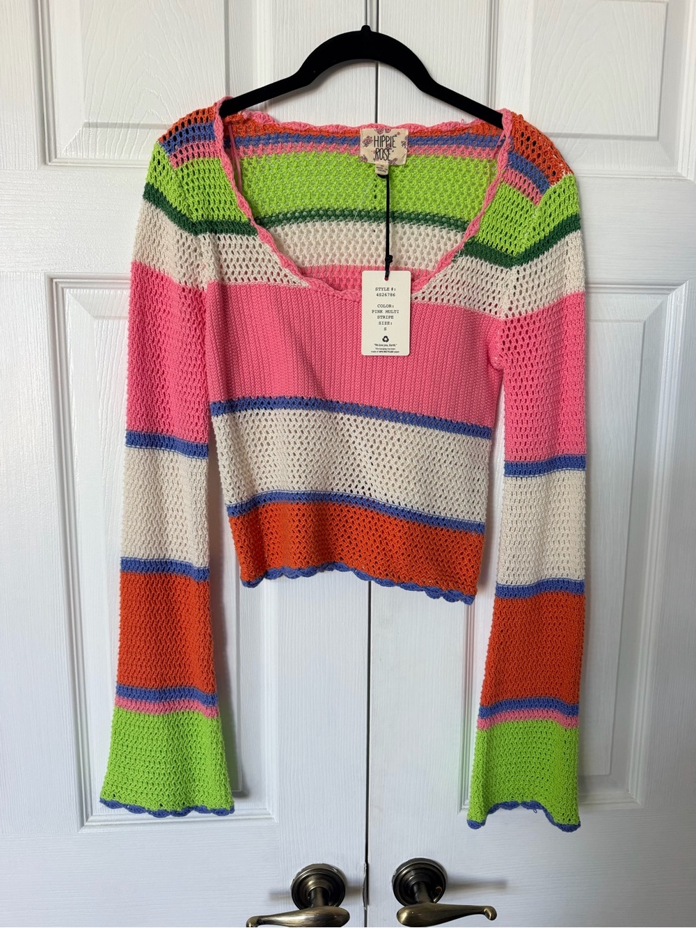 Hippie Rose Pink, Lime, Orange & Cream Striped Crochet Top